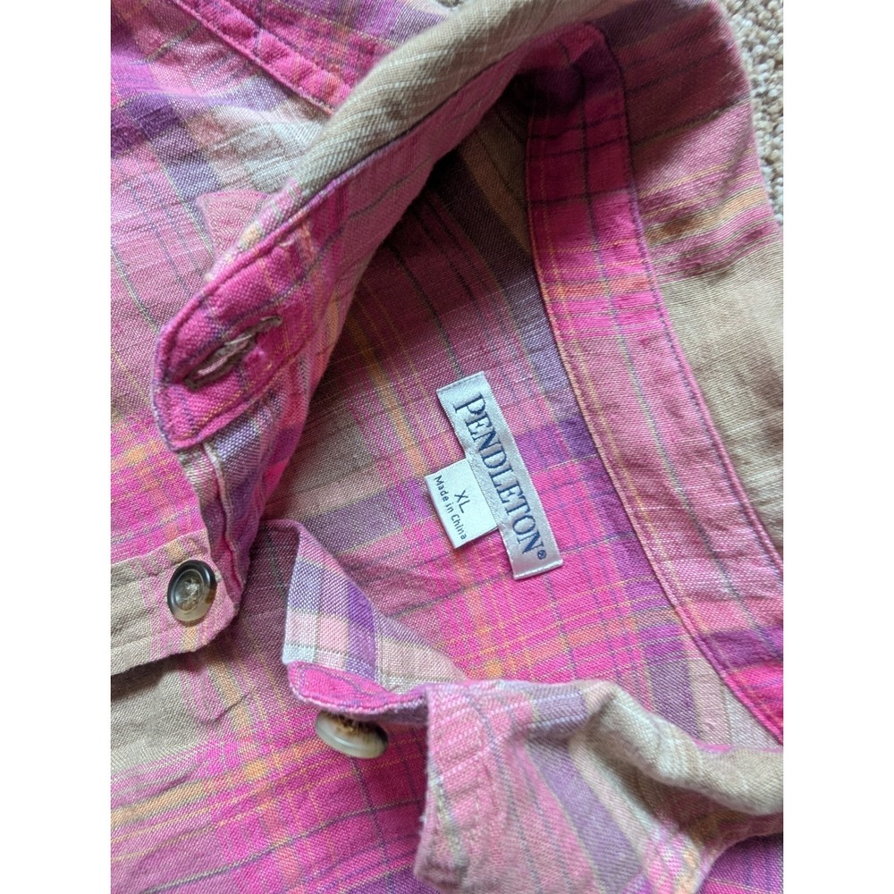 NWOT Pendleton Womens XL Long Sleeve Plaid Shirt 100% Linen Pink Button Up - Picture 3 of 9